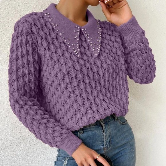knit gem bedazzled collar sweater chic elegant streetwear purple - Picture 3 of 6